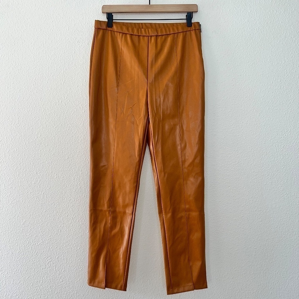 HAVE Los Angelos Brown Faux Leather High Waisted Front Slit Side Zip Pants